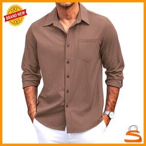 Men's Casual Button Down Shirt Long Sleeve Linen Style Regular Fit Untucked